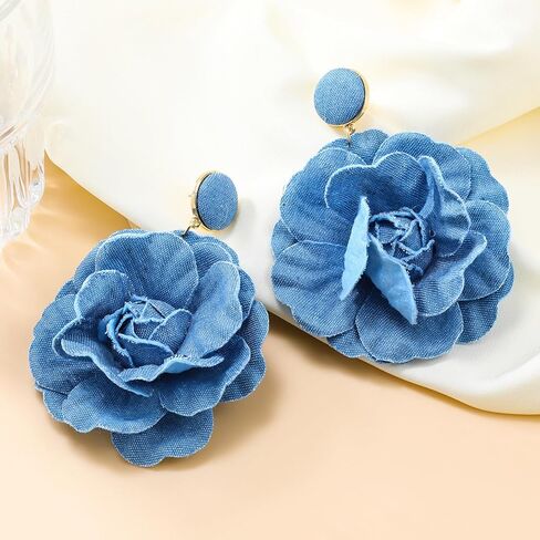 Denim Earrings Flower Earrings for Women Blue Floral Earrings Long Denim Drop Earring Fashion Jewelry Gifts-BlueA in Saudi Arabia
