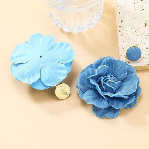 Denim Earrings Flower Earrings for Women Blue Floral Earrings Long Denim Drop Earring Fashion Jewelry Gifts-BlueA in Saudi Arabia
