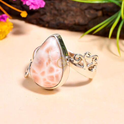 Natural Pink Larimar Stone Ring 925 Sterling Silver Handmade Statement Boho Rings Jewelry Gift for Her in Saudi Arabia