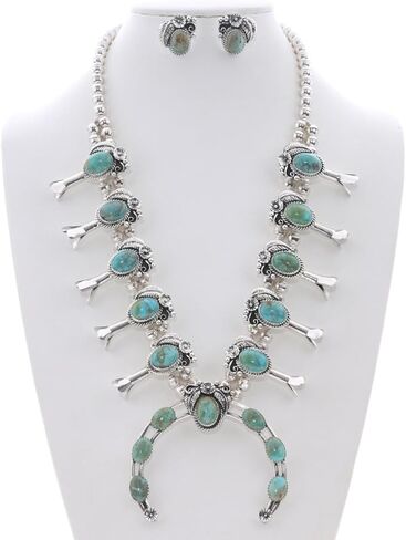 Alltribes Genuine Patagonia Turquoise Silver Squash Blossom Necklace Set Sterling Flower Leaves Design With Post Earrings 0229 in Saudi Arabia