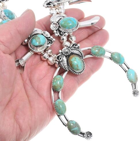 Alltribes Genuine Patagonia Turquoise Silver Squash Blossom Necklace Set Sterling Flower Leaves Design With Post Earrings 0229 in Saudi Arabia