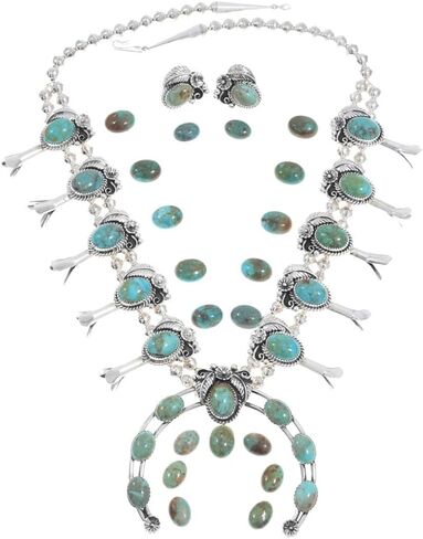 Alltribes Genuine Patagonia Turquoise Silver Squash Blossom Necklace Set Sterling Flower Leaves Design With Post Earrings 0229 in Saudi Arabia