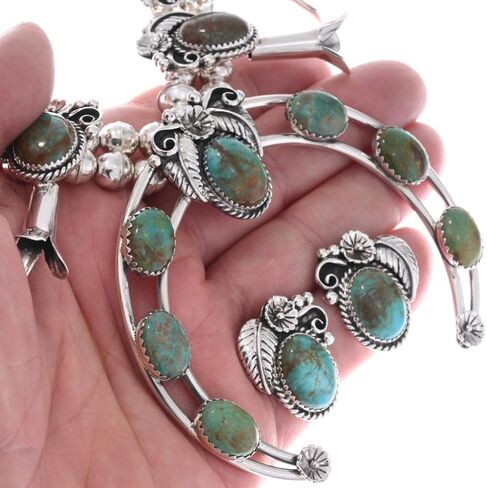 Alltribes Genuine Patagonia Turquoise Sterling Squash Blossom Necklace Set Sterling Floral Design With Post Earrings 0049 in Saudi Arabia