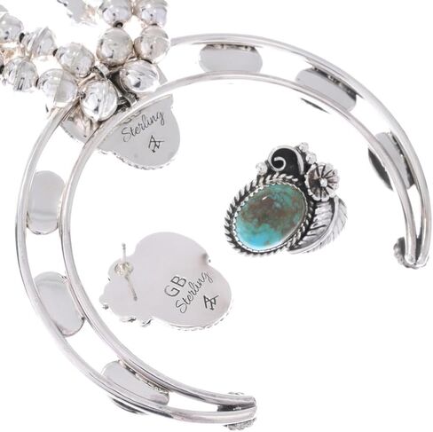 Alltribes Genuine Patagonia Turquoise Sterling Squash Blossom Necklace Set Sterling Floral Design With Post Earrings 0049 in Saudi Arabia
