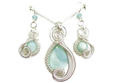 Amazonite and Sterling Silver Necklace and Earrings Set; "Mini-Swish" Style in Saudi Arabia