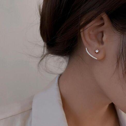 Boho Crystal Ear JacketEarrings Crystal BarEarrings Silver RhinestoneEarrings Cz Arc Bar Earrings Sparkly Wedding Earrings Two Ways Front Back Earrings Jewelry for Women in Saudi Arabia