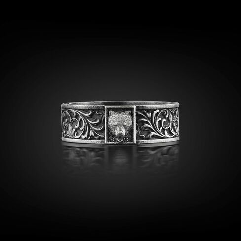Scandinavian Bear Silver Band Ring for Men, Handmade Wild Angry Bear Personalized Ring, Solid Silver Leaf Pattern Jewelry, Animal Lover Gift in Saudi Arabia