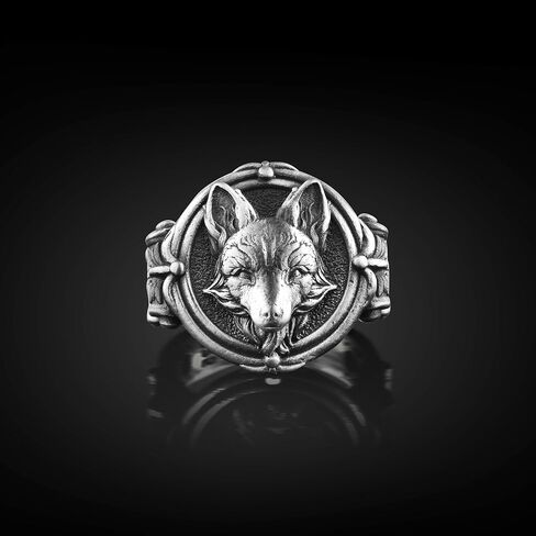 Fox Portrait Engraved 925K Silver Signet Men Ring, Handmade Animal Fox Men Ring for Boyfriend, Good Luck Jewelry for Husband, Birthday Gift in Saudi Arabia