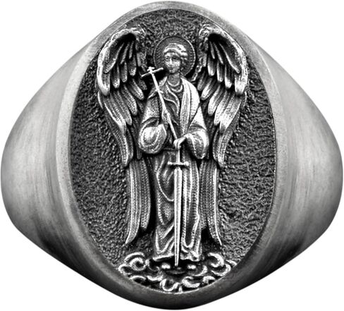 TheRollerStone - St Raphael The Archangel Silver Men Ring, Gold Plated Silver Protection Ring with Saint Rphael, Christian Religious Jewelry Gİft for Family in Saudi Arabia