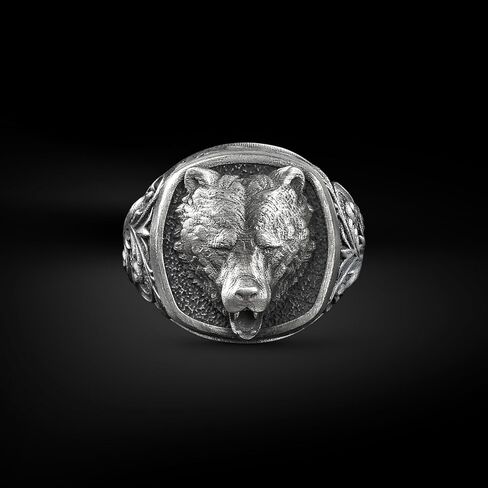 BySilverStone - Sterling Silver Grizzly Bear Chunky Square Signet Ring, Bold Biker Animal Band for Women and Men, Handmade Wildlife Statement Jewelry Gift in Saudi Arabia