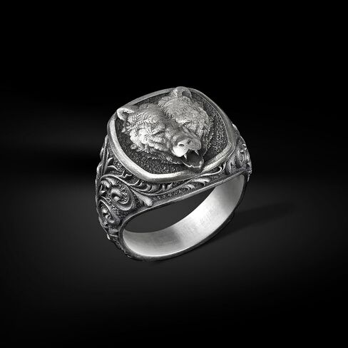 BySilverStone - Sterling Silver Grizzly Bear Chunky Square Signet Ring, Bold Biker Animal Band for Women and Men, Handmade Wildlife Statement Jewelry Gift in Saudi Arabia