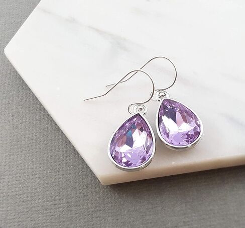 June Birthstone Earrings – Light Purple Crystal Teardrop Earrings, Sterling Silver Ear Wires, Handmade Gift in Saudi Arabia