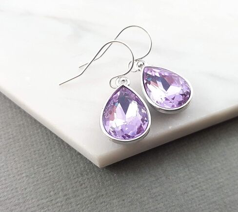 June Birthstone Earrings – Light Purple Crystal Teardrop Earrings, Sterling Silver Ear Wires, Handmade Gift in Saudi Arabia