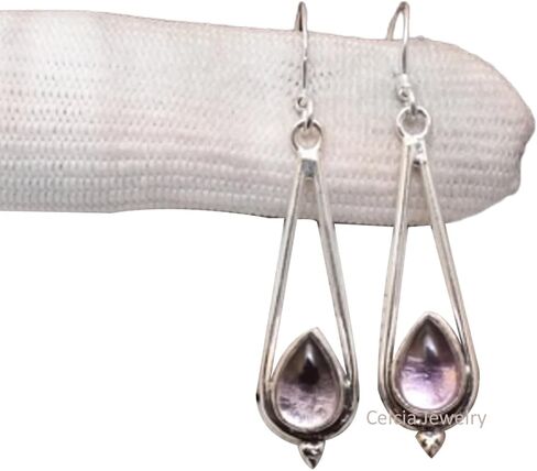 Solid 925 Sterling Silver Dangle Drop Earrings For Women, Genuine Amethyst Pear Gemstone Unique Handcrafted February Birthstone Earrings in Saudi Arabia