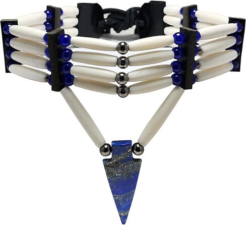 Traditional 4 Row Buffalo Bone Hairpipe Beads Tribal Choker Necklace with Lapis Lazuli Arrowhead Pendant in Saudi Arabia