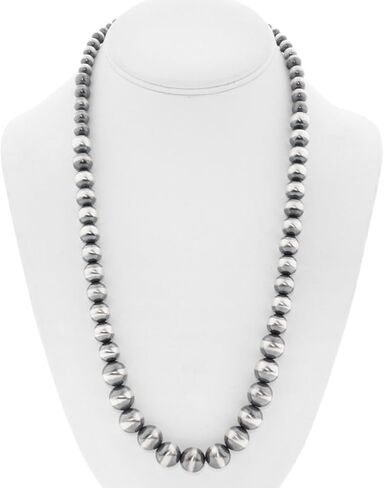 Alltribes Navajo Santa Fe Silver Desert Pearl Necklace Mens or Ladies 24" Graduated 6mm to 12mm All Sterling Beads 0015 in Saudi Arabia