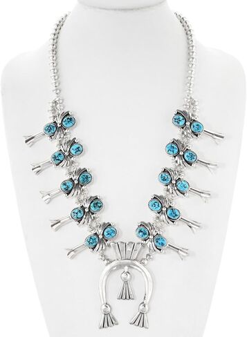 قلادة Alltribes عالية الجودة Kingman Turquoise Nugget Silver Squash Blossom Navajo قلادة رائعة من تصميم مروحة الجنيه الاسترليني المطروقة من الأمريكيين الأصليين 0239 in Saudi Arabia