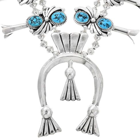 قلادة Alltribes عالية الجودة Kingman Turquoise Nugget Silver Squash Blossom Navajo قلادة رائعة من تصميم مروحة الجنيه الاسترليني المطروقة من الأمريكيين الأصليين 0239 in Saudi Arabia