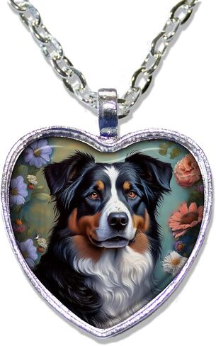 Super Cute Tri-color Aussie Shepherd Doggie - Handmade HEART-shaped glass pendant necklace jewelry in Saudi Arabia