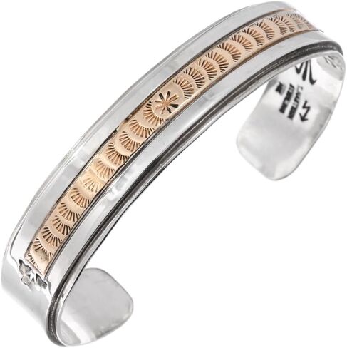 سوار رجالي من Alltribes Navajo Sterling مطروق من الذهب عيار 14 قيراط، سوار متراكب غربي فريد من نوعه 0239 in Saudi Arabia