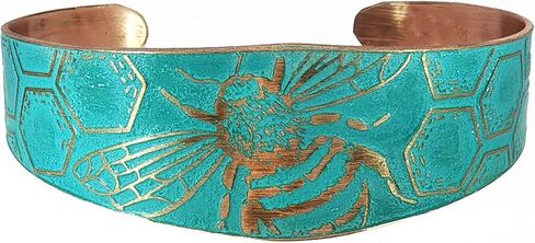 Handmade Solid Copper Tapered Cuff Bracelet With Etched Bumblebee Motif, Rustic Verdigris Patina in Saudi Arabia