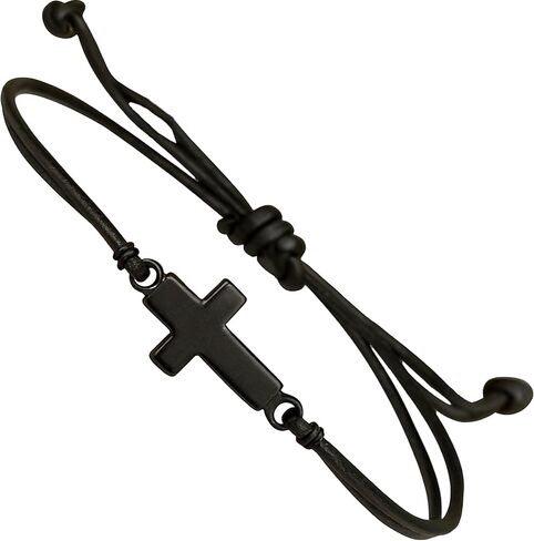 Mens Cross Bracelet Leather and Black Stainless Steel Sideways Cross Charm - Christian Jewelry Faith Symbol Handmade Gift for Men Women Baptism Christmas in Saudi Arabia