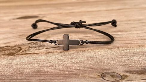 Mens Cross Bracelet Leather and Black Stainless Steel Sideways Cross Charm - Christian Jewelry Faith Symbol Handmade Gift for Men Women Baptism Christmas in Saudi Arabia