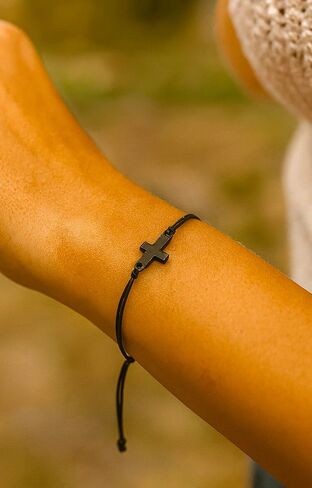 Mens Cross Bracelet Leather and Black Stainless Steel Sideways Cross Charm - Christian Jewelry Faith Symbol Handmade Gift for Men Women Baptism Christmas in Saudi Arabia
