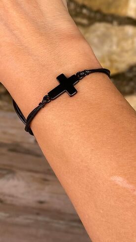 Mens Cross Bracelet Leather and Black Stainless Steel Sideways Cross Charm - Christian Jewelry Faith Symbol Handmade Gift for Men Women Baptism Christmas in Saudi Arabia