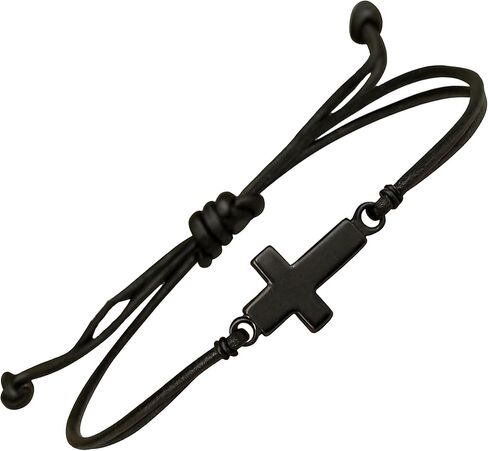Mens Cross Bracelet Leather and Black Stainless Steel Sideways Cross Charm - Christian Jewelry Faith Symbol Handmade Gift for Men Women Baptism Christmas in Saudi Arabia