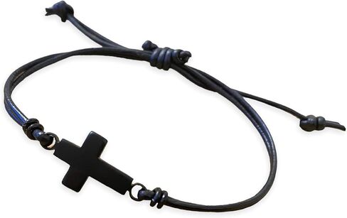 Mens Cross Bracelet Leather and Black Stainless Steel Sideways Cross Charm - Christian Jewelry Faith Symbol Handmade Gift for Men Women Baptism Christmas in Saudi Arabia