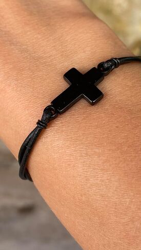 Mens Cross Bracelet Leather and Black Stainless Steel Sideways Cross Charm - Christian Jewelry Faith Symbol Handmade Gift for Men Women Baptism Christmas in Saudi Arabia