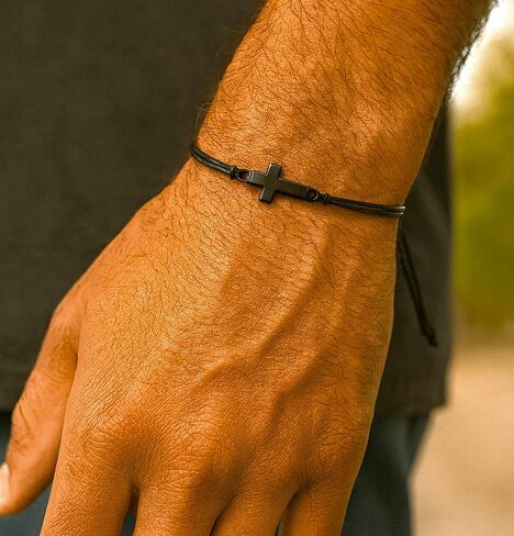 Mens Cross Bracelet Leather and Black Stainless Steel Sideways Cross Charm - Christian Jewelry Faith Symbol Handmade Gift for Men Women Baptism Christmas in Saudi Arabia