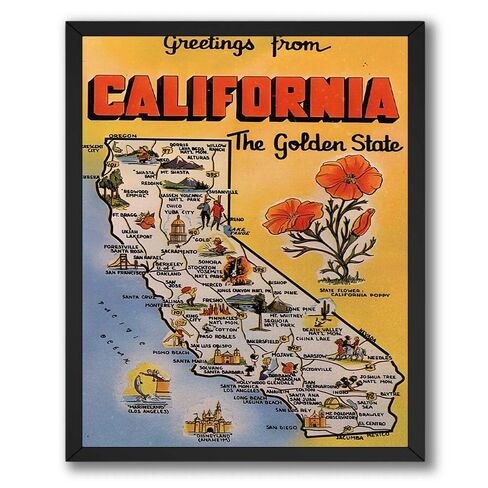 California Vintage Map Canvas Poster - Golden State Landmark Design Wall Decor for Home Office - Classic Road Trip Style Artwork - 16x20 Unframed Canvas Print in Kuwait