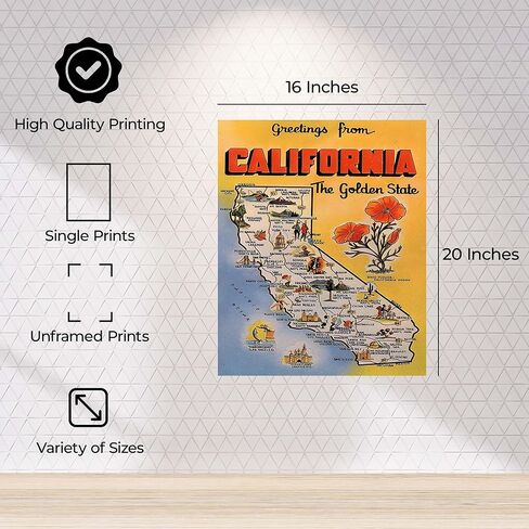 California Vintage Map Canvas Poster - Golden State Landmark Design Wall Decor for Home Office - Classic Road Trip Style Artwork - 16x20 Unframed Canvas Print in Kuwait