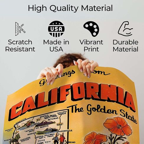 California Vintage Map Canvas Poster - Golden State Landmark Design Wall Decor for Home Office - Classic Road Trip Style Artwork - 16x20 Unframed Canvas Print in Kuwait
