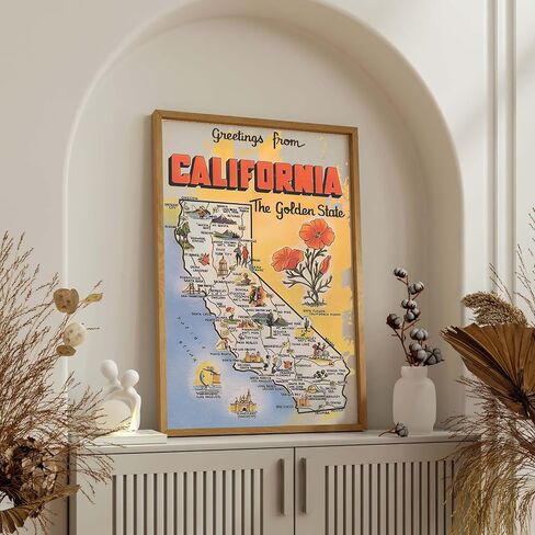 California Vintage Map Canvas Poster - Golden State Landmark Design Wall Decor for Home Office - Classic Road Trip Style Artwork - 16x20 Unframed Canvas Print in Kuwait