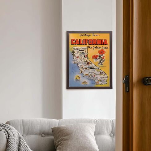 California Vintage Map Canvas Poster - Golden State Landmark Design Wall Decor for Home Office - Classic Road Trip Style Artwork - 16x20 Unframed Canvas Print in Kuwait