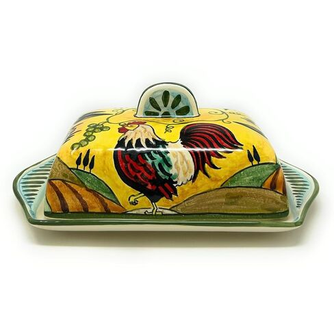 CERAMICHE D'ARTE PARRINI- طبق زبدة سيراميك إيطالي مرسومة يدويًا ديك مزخرف صنع في إيطاليا فخار فني توسكاني in Kuwait