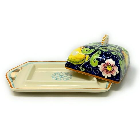 CERAMICHE D'ARTE PARRINI- طبق زبدة سيراميك إيطالي مطلي يدويًا بالليمون المزخرف صنع في إيطاليا فخار فني توسكاني in Kuwait