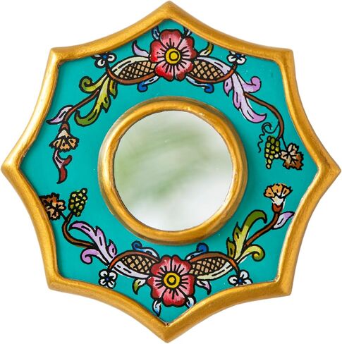 مرآة صغيرة مقاس 4 × 4 بوصة - تصميم زهور - لمسة حائط زجاجية دائرية صغيرة مطلية عكسيًا - إطار ذهبي لديكور المنزل البيروفي (أصفر) in Kuwait