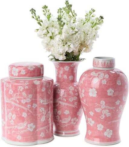 Two's Company Hand-Painted Pink Chinoiserie Vases, 12.5-Inch, Ceramic, Set of 3 in Saudi Arabia