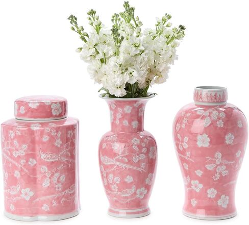 Two's Company Hand-Painted Pink Chinoiserie Vases, 12.5-Inch, Ceramic, Set of 3 in Saudi Arabia