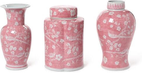 Two's Company Hand-Painted Pink Chinoiserie Vases, 12.5-Inch, Ceramic, Set of 3 in Saudi Arabia