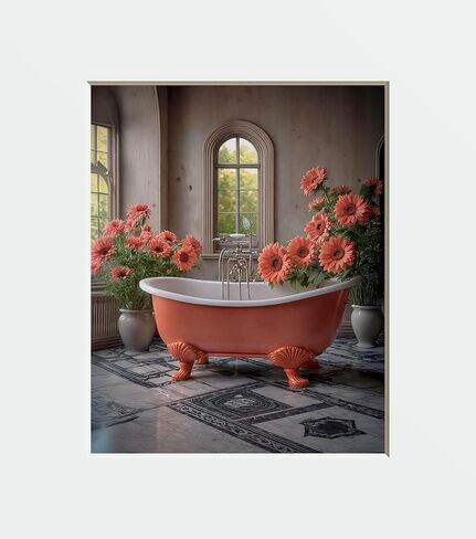 Coral Sunflowers in Tub Wall Art Print – Bathroom Modern Floral Art, 8x10 Print Matted to 11x14 White Mat (USA Handmade (Sunflowers in Tub) in Saudi Arabia