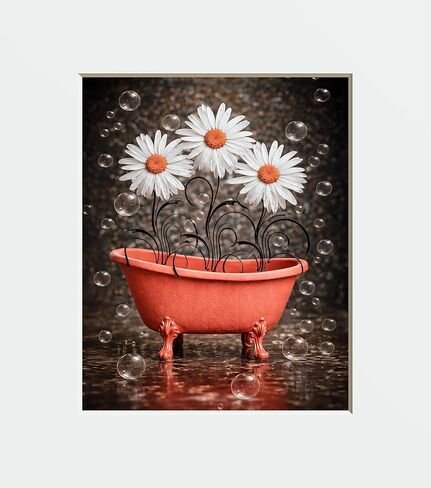 Coral Sunflowers in Tub Wall Art Print – Bathroom Modern Floral Art, 8x10 Print Matted to 11x14 White Mat (USA Handmade (Sunflowers in Tub) in Saudi Arabia