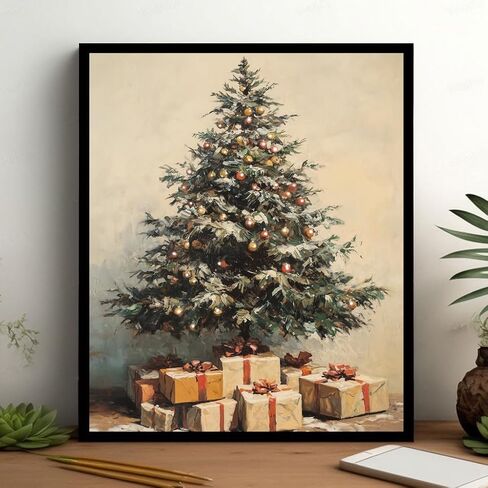 HubbgDesign طباعة شجرة عيد الميلاد، ديكور جدار عيد الميلاد خمر، فن جدار الشتاء، زخرفة عطلة العتيقة طباعة عيد الميلاد خمر، ديكور جدار ريفي الشتاء (11x14in + مؤطر، صندوق هدية) in Saudi Arabia