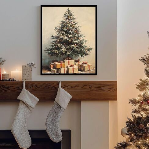 HubbgDesign طباعة شجرة عيد الميلاد، ديكور جدار عيد الميلاد خمر، فن جدار الشتاء، زخرفة عطلة العتيقة طباعة عيد الميلاد خمر، ديكور جدار ريفي الشتاء (11x14in + مؤطر، صندوق هدية) in Saudi Arabia