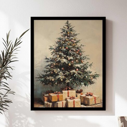 HubbgDesign طباعة شجرة عيد الميلاد، ديكور جدار عيد الميلاد خمر، فن جدار الشتاء، زخرفة عطلة العتيقة طباعة عيد الميلاد خمر، ديكور جدار ريفي الشتاء (11x14in + مؤطر، صندوق هدية) in Saudi Arabia