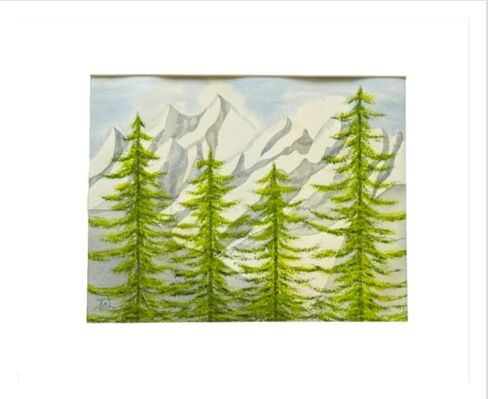 Painting Watercolor Wall Art Original Evergreen Trees Snowy Mountain Landscape Blue Green Yellow Pink 11x14 White Mat 16x20 Hand Painted Home Decor in Saudi Arabia